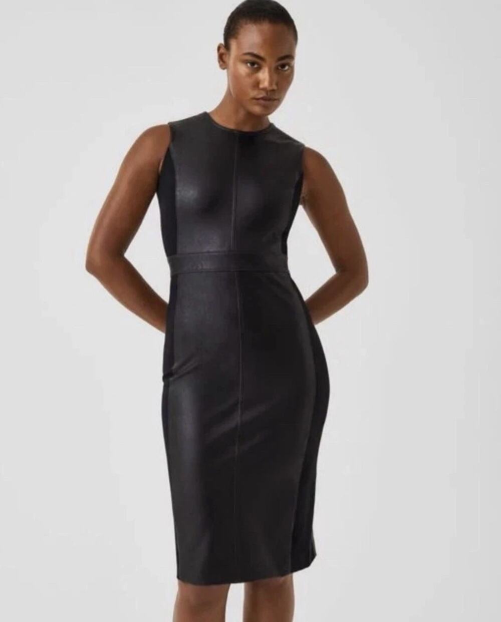 SPANX NWT Luxe Black Faux Leather Panel Sleeveless Midi Sheath Dress XS